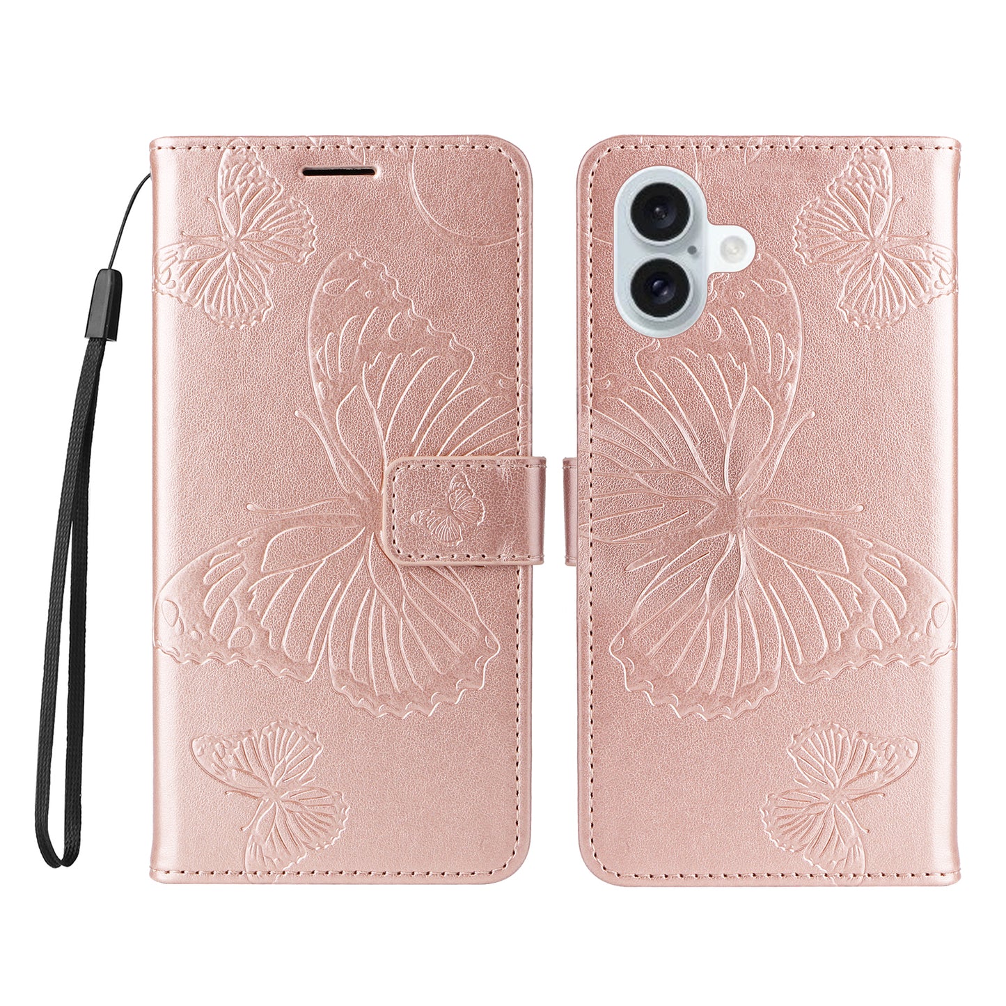iPhone 16 Plus Wallet-Hülle – Schmetterling Aufgedruckt & Mit Ständer und Riemen