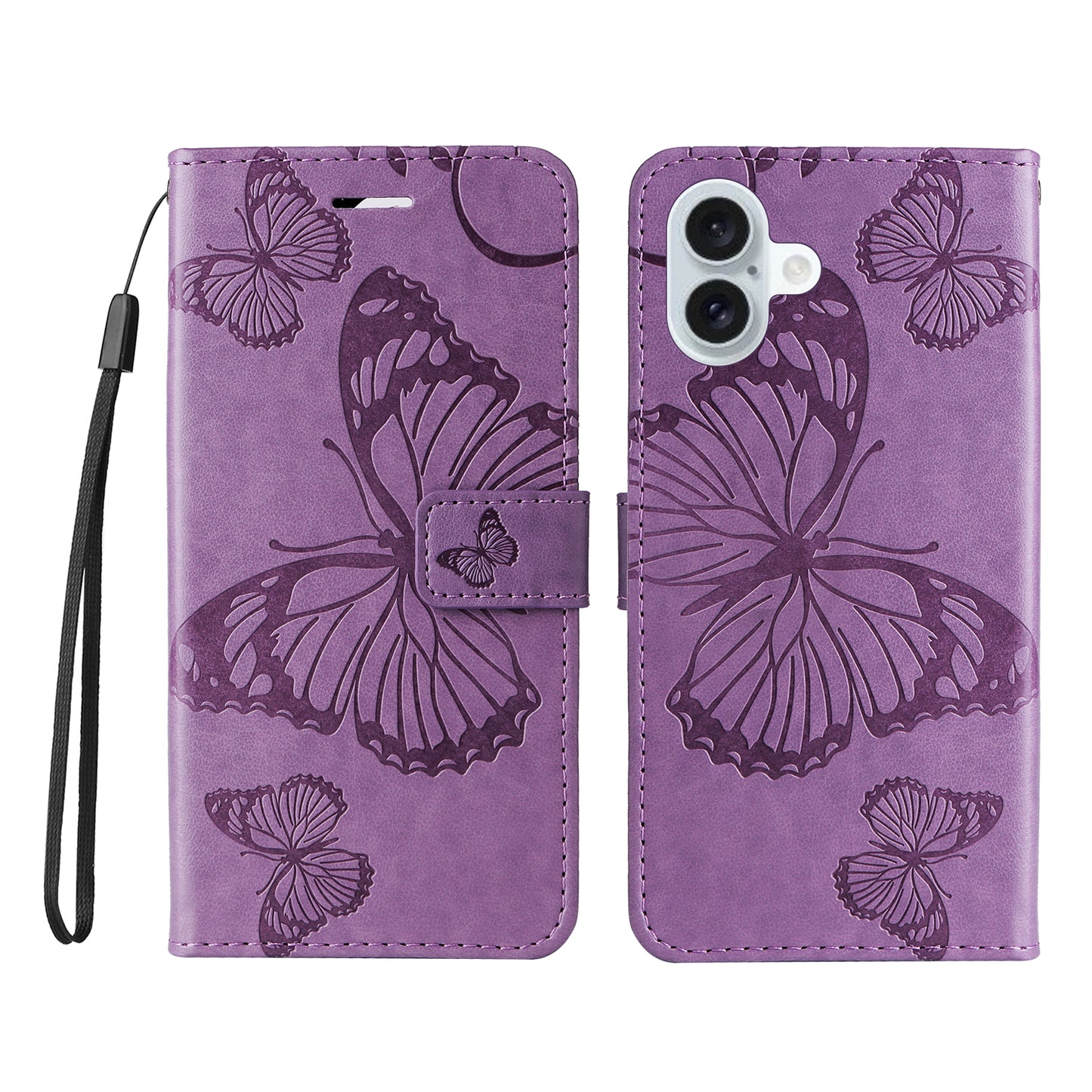 iPhone 16 Plus Wallet-Hülle – Schmetterling Aufgedruckt & Mit Ständer und Riemen