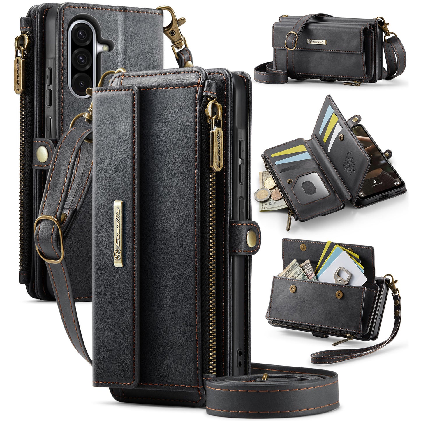 Galaxy A17 5G/4G Wallet-Hülle – Mit RFID-blockierende Reißverschluss-Brieftasche, Ständer & Riemen