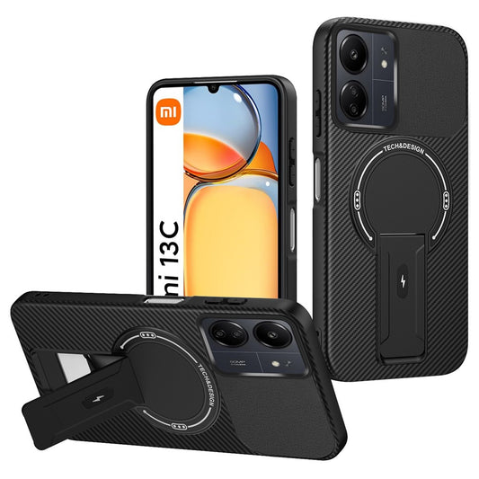 For Xiaomi Redmi 13C 4G / Poco C65 4G Case with Kickstand Carbon Fiber Texture PC + TPU Phone Cover