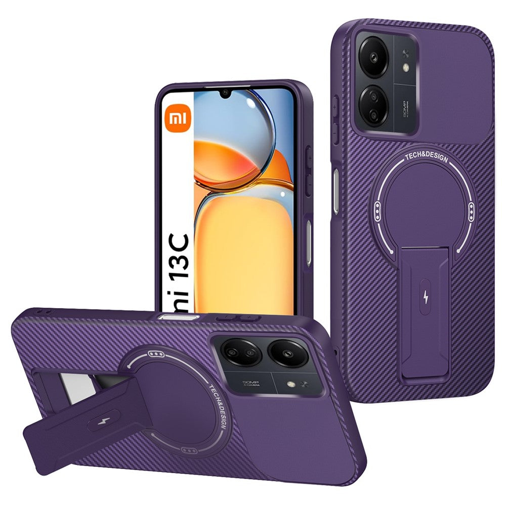 For Xiaomi Redmi 13C 4G / Poco C65 4G Case with Kickstand Carbon Fiber Texture PC + TPU Phone Cover