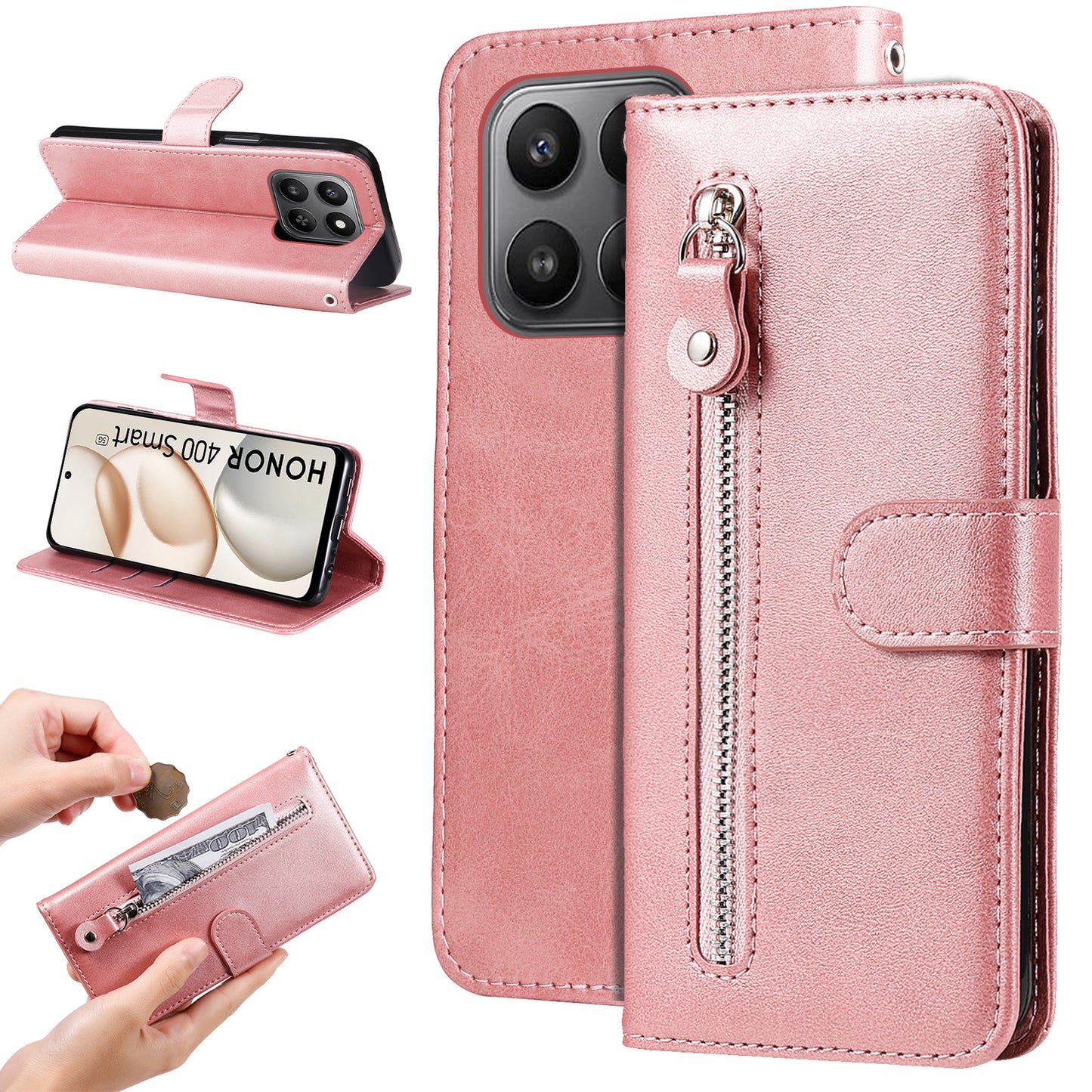 For Honor 400 Smart 5G / 4G / X7d 4G PU Leather Cases with Zipper Pocket Wallet Phone Cover Stand