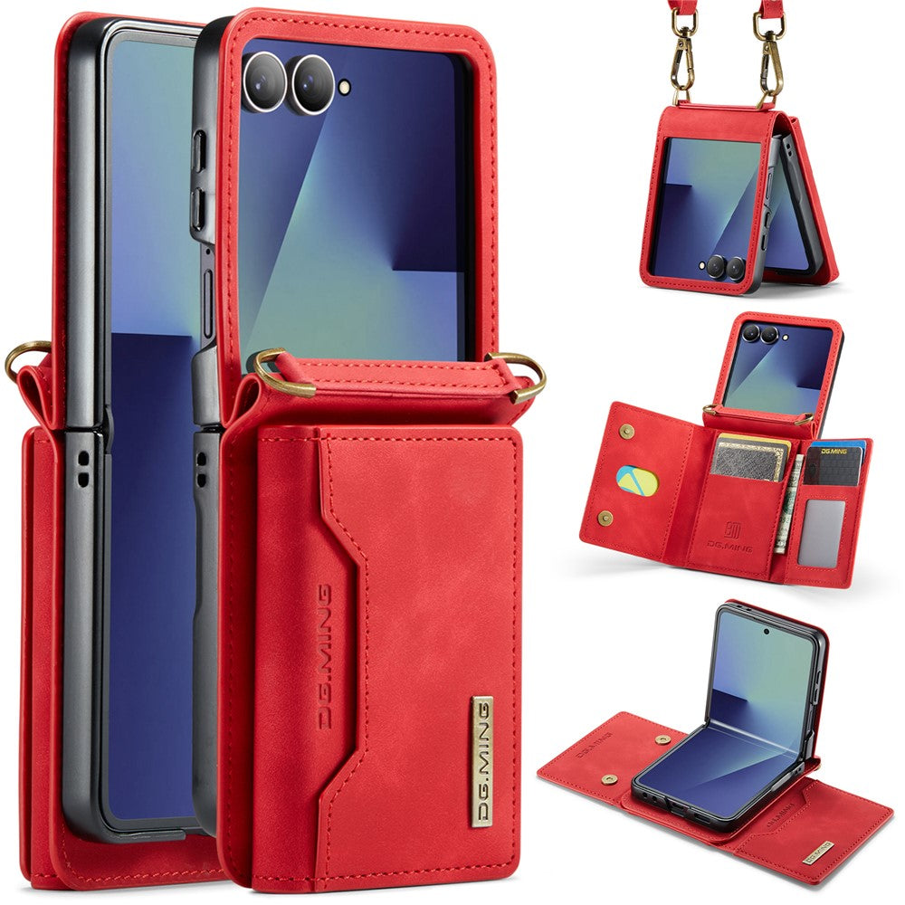 DG.MING M2 Series for Samsung	Galaxy Z Flip7 5G Case PU + PC Phone Cover with Detachable Card Bag / Should Strap