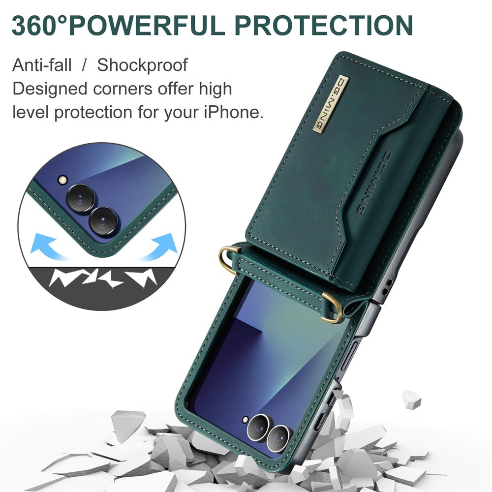 DG.MING M2 Series for Samsung	Galaxy Z Flip7 5G Case PU + PC Phone Cover with Detachable Card Bag / Should Strap
