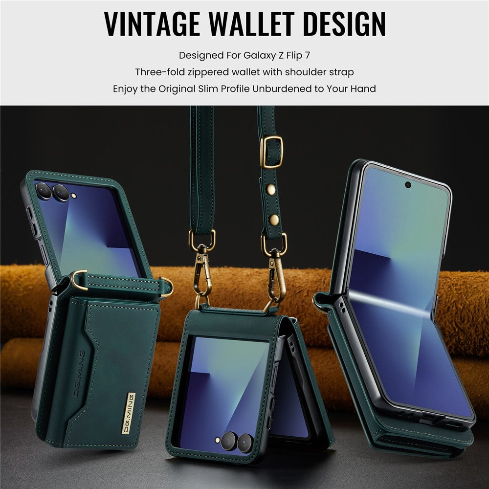DG.MING M2 Series for Samsung	Galaxy Z Flip7 5G Case PU + PC Phone Cover with Detachable Card Bag / Should Strap