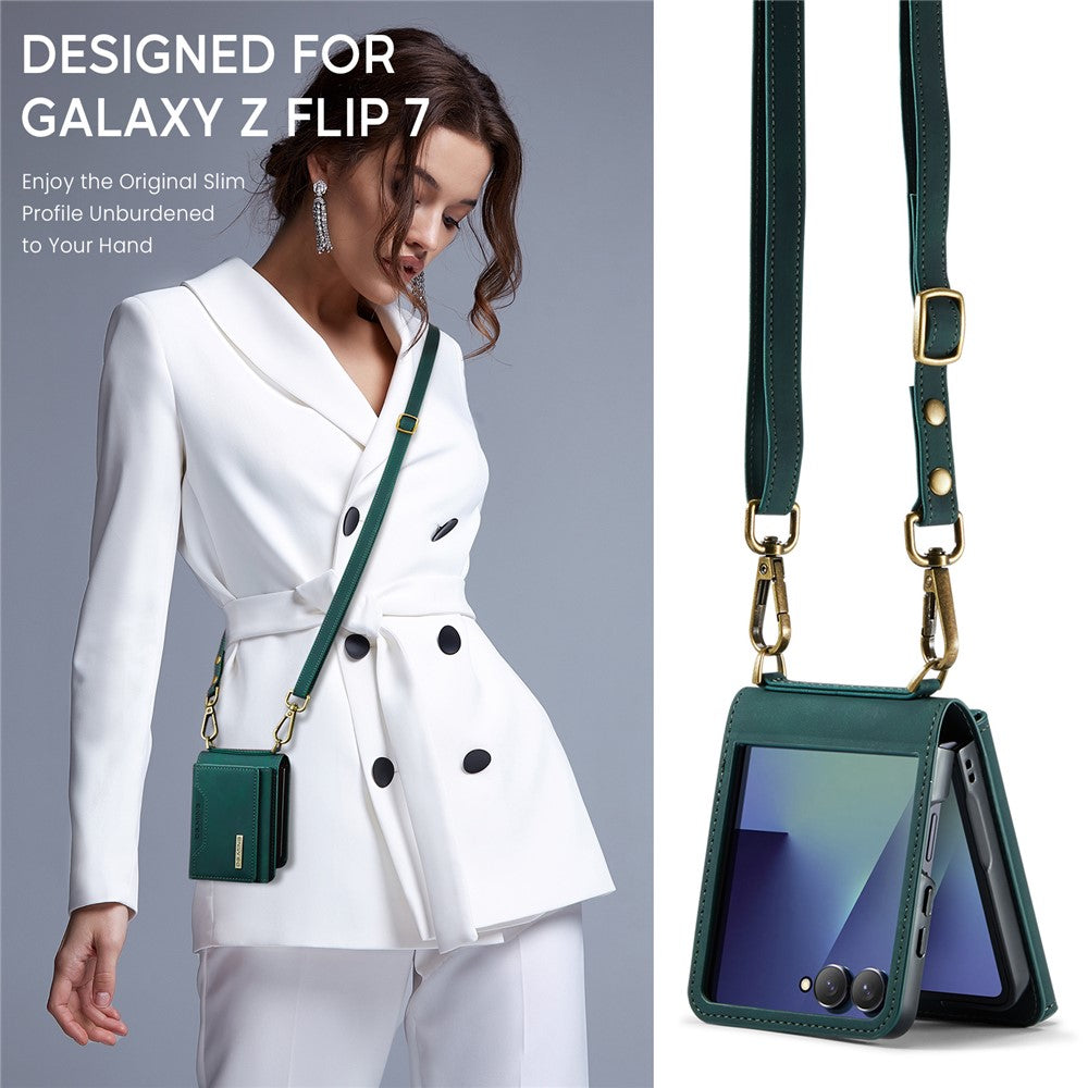 DG.MING M2 Series for Samsung	Galaxy Z Flip7 5G Case PU + PC Phone Cover with Detachable Card Bag / Should Strap