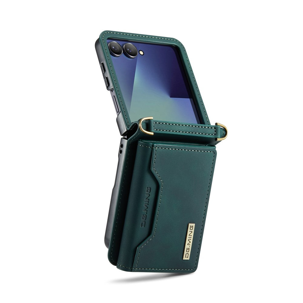 DG.MING M2 Series for Samsung	Galaxy Z Flip7 5G Case PU + PC Phone Cover with Detachable Card Bag / Should Strap