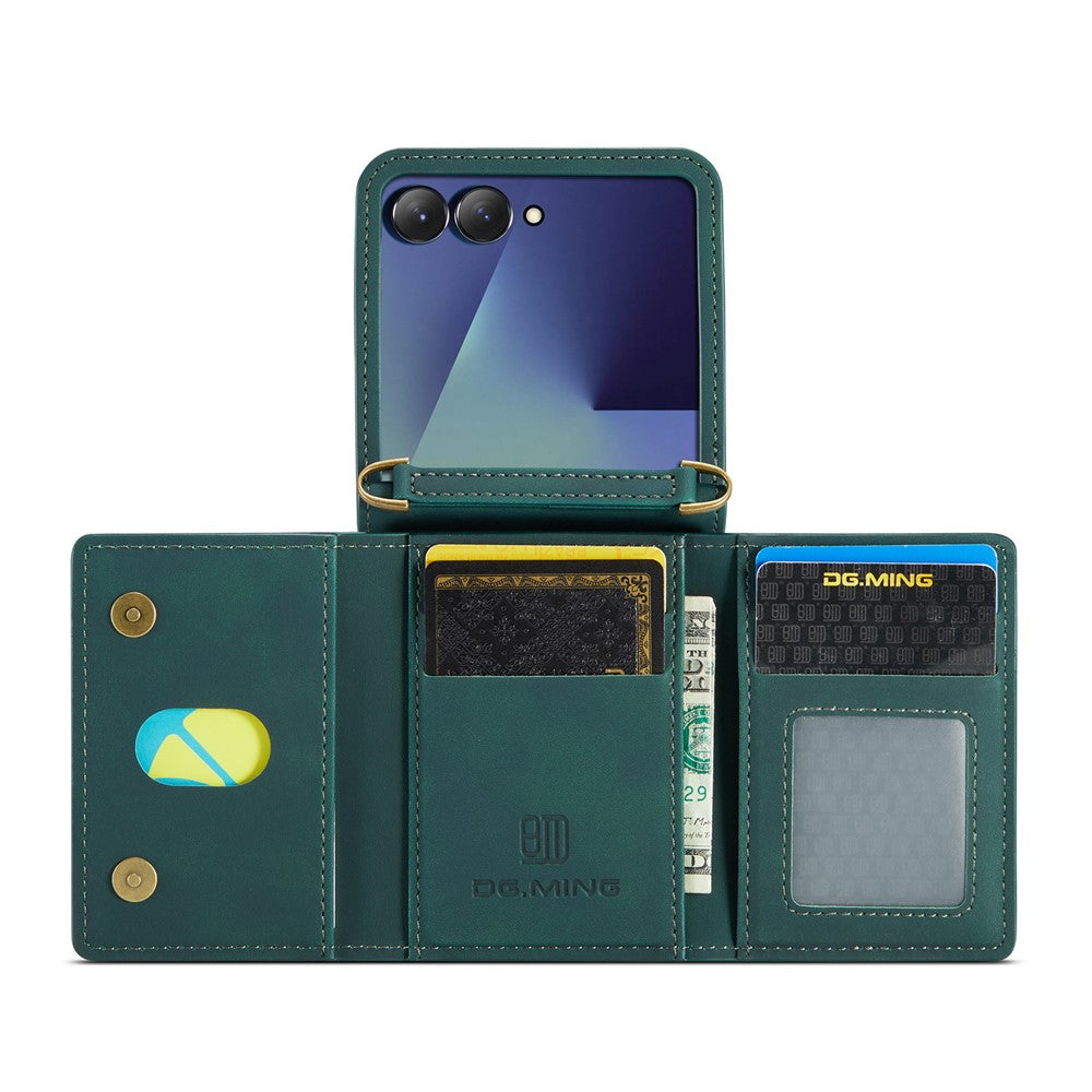 DG.MING M2 Series for Samsung	Galaxy Z Flip7 5G Case PU + PC Phone Cover with Detachable Card Bag / Should Strap