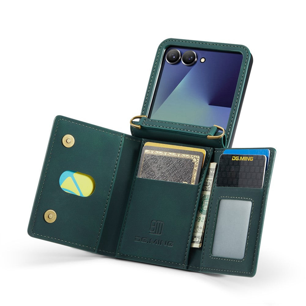 DG.MING M2 Series for Samsung	Galaxy Z Flip7 5G Case PU + PC Phone Cover with Detachable Card Bag / Should Strap