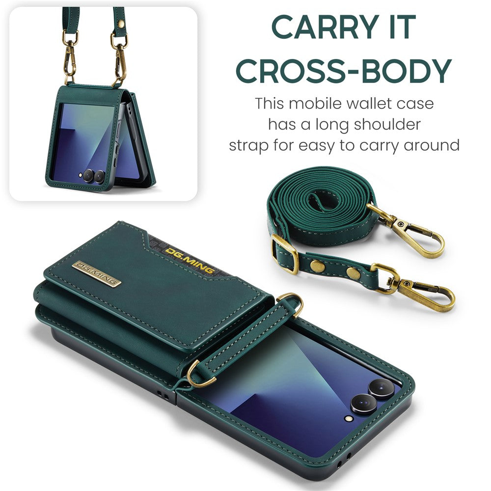 DG.MING M2 Series for Samsung	Galaxy Z Flip7 5G Case PU + PC Phone Cover with Detachable Card Bag / Should Strap