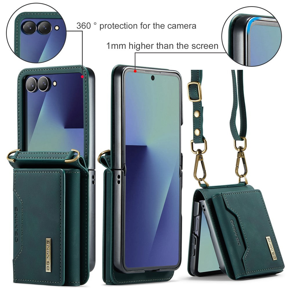 DG.MING M2 Series for Samsung	Galaxy Z Flip7 5G Case PU + PC Phone Cover with Detachable Card Bag / Should Strap