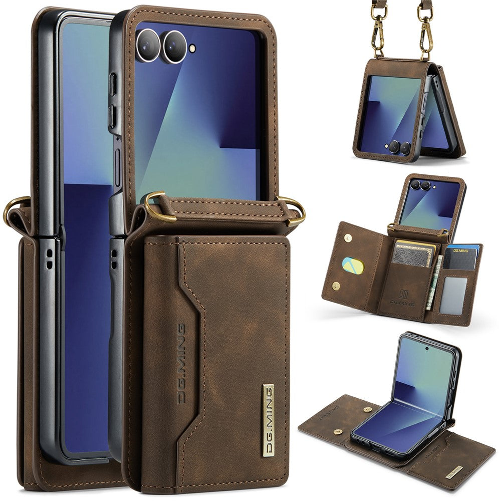DG.MING M2 Series for Samsung	Galaxy Z Flip7 5G Case PU + PC Phone Cover with Detachable Card Bag / Should Strap