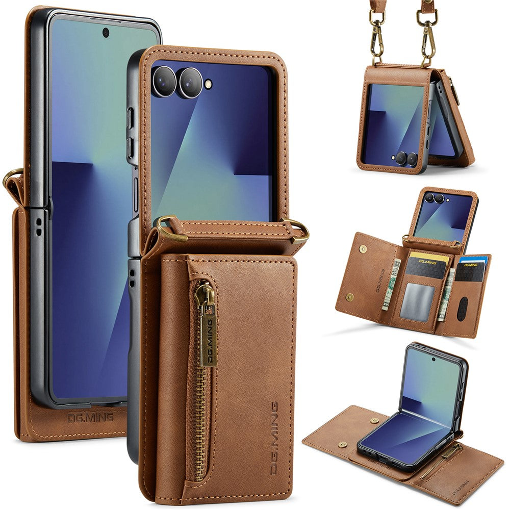 DG.MING M5 Series for Samsung Galaxy Z Flip7 5G Case RFID Blocking Card Slots Leather + PC Phone Cover