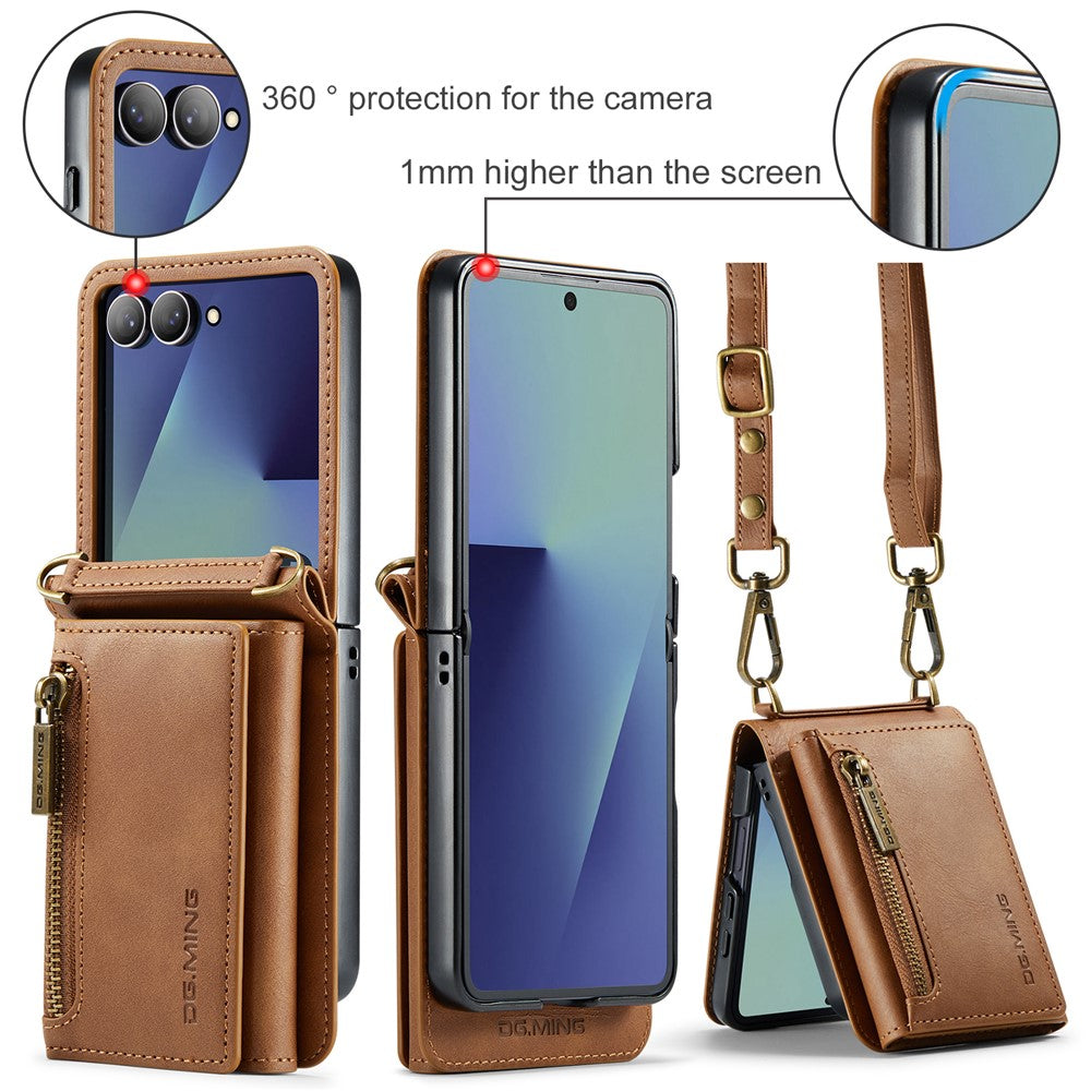 DG.MING M5 Series for Samsung Galaxy Z Flip7 5G Case RFID Blocking Card Slots Leather + PC Phone Cover