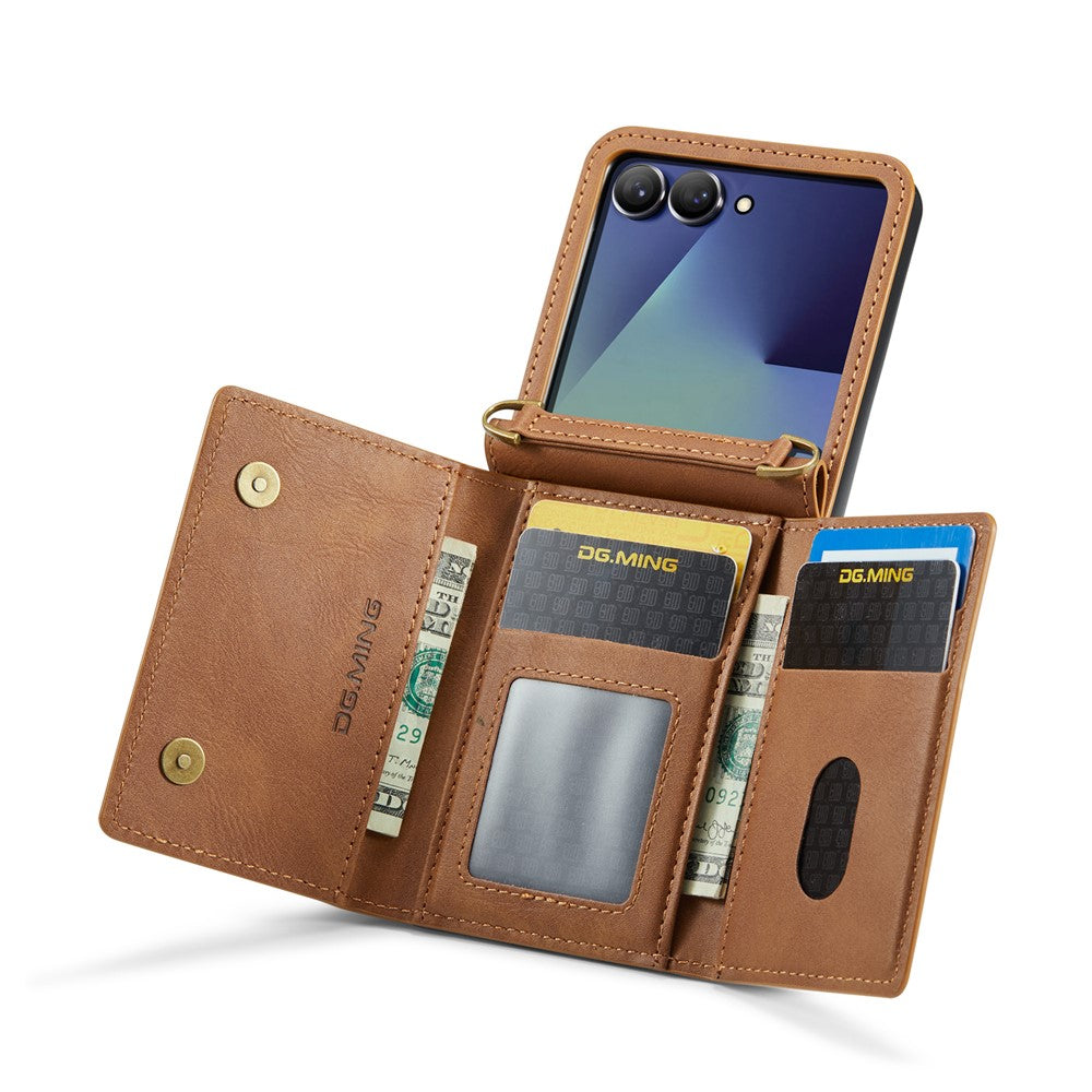 DG.MING M5 Series for Samsung Galaxy Z Flip7 5G Case RFID Blocking Card Slots Leather + PC Phone Cover