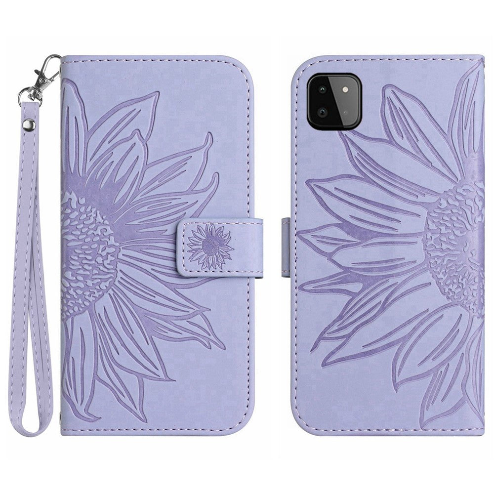 Galaxy A22 5G Wallet-Hülle – Sonnenblume aufgedruckt, mit Ständer & Riemen