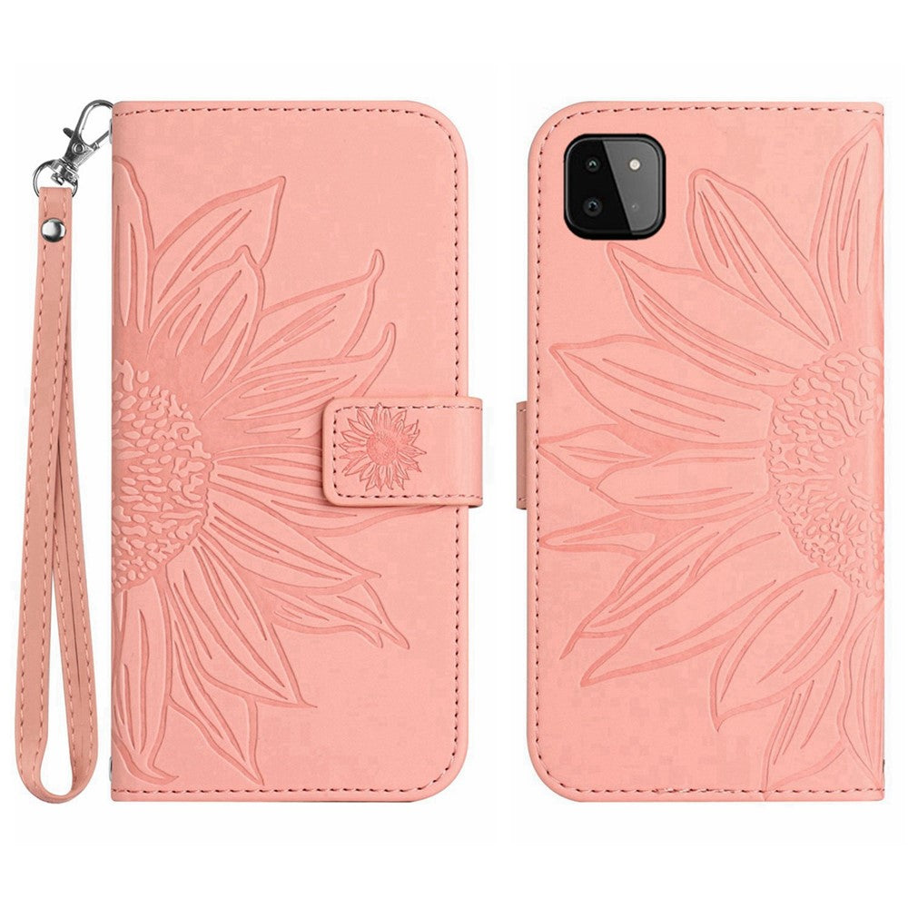 Galaxy A22 5G Wallet-Hülle – Sonnenblume aufgedruckt, mit Ständer & Riemen