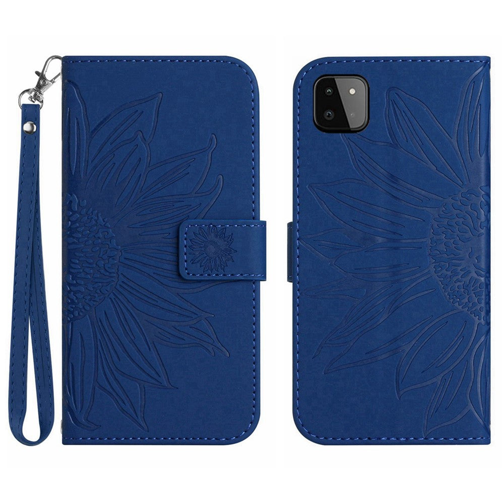 Galaxy A22 5G Wallet-Hülle – Sonnenblume aufgedruckt, mit Ständer & Riemen