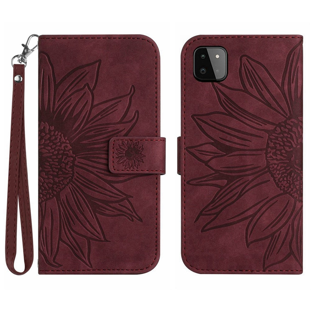 Galaxy A22 5G Wallet-Hülle – Sonnenblume aufgedruckt, mit Ständer & Riemen