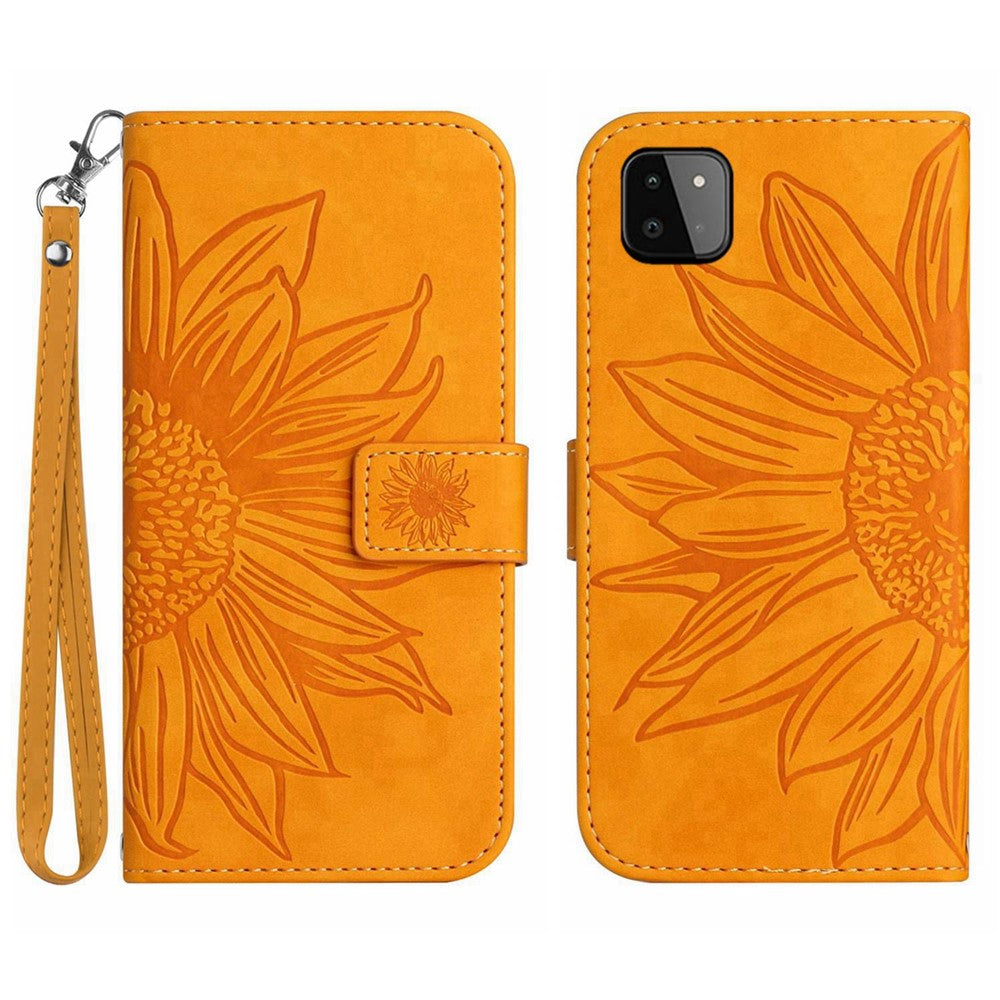 Galaxy A22 5G Wallet-Hülle – Sonnenblume aufgedruckt, mit Ständer & Riemen