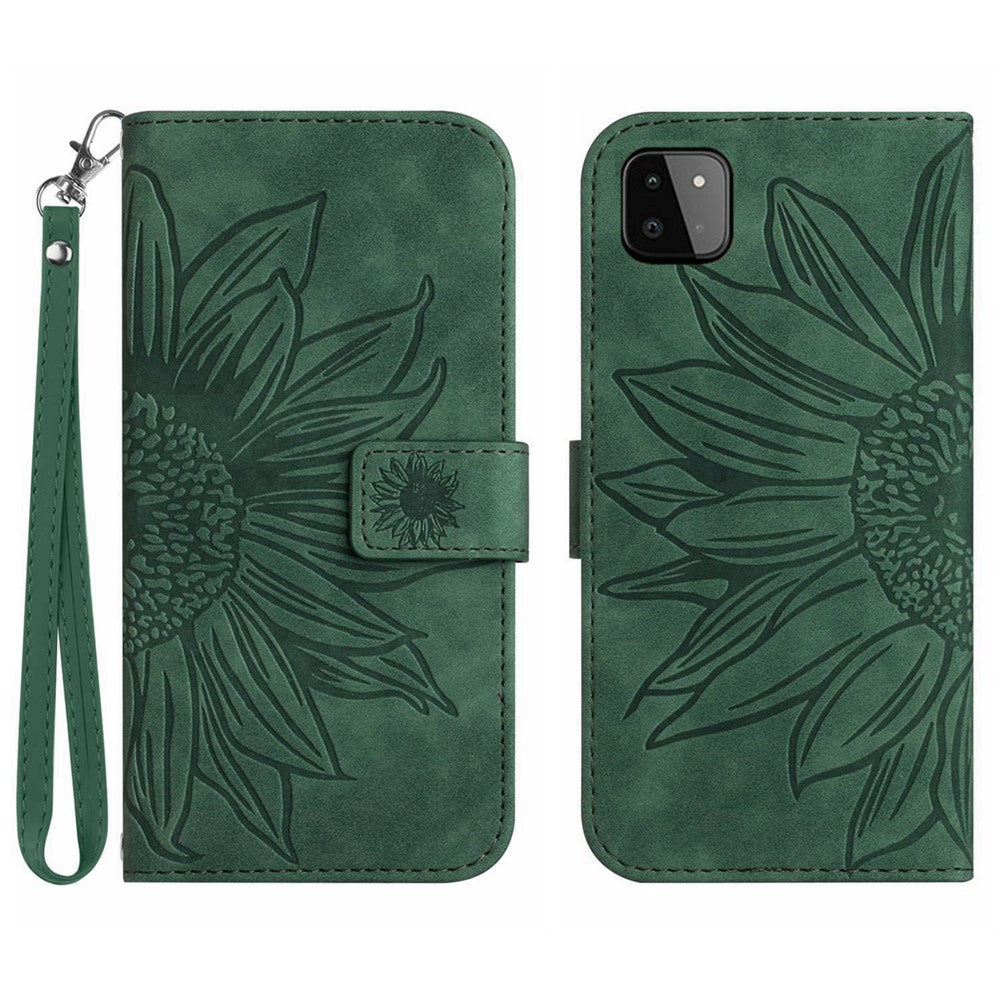 Galaxy A22 5G Wallet-Hülle – Sonnenblume aufgedruckt, mit Ständer & Riemen