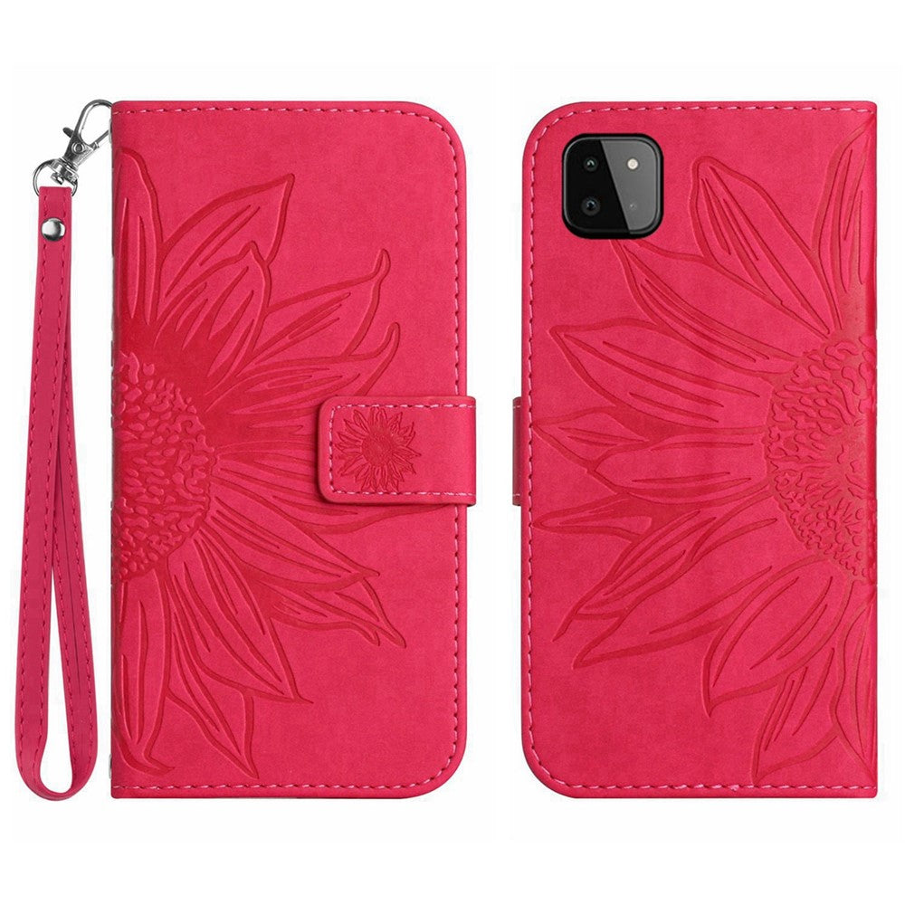 Galaxy A22 5G Wallet-Hülle – Sonnenblume aufgedruckt, mit Ständer & Riemen