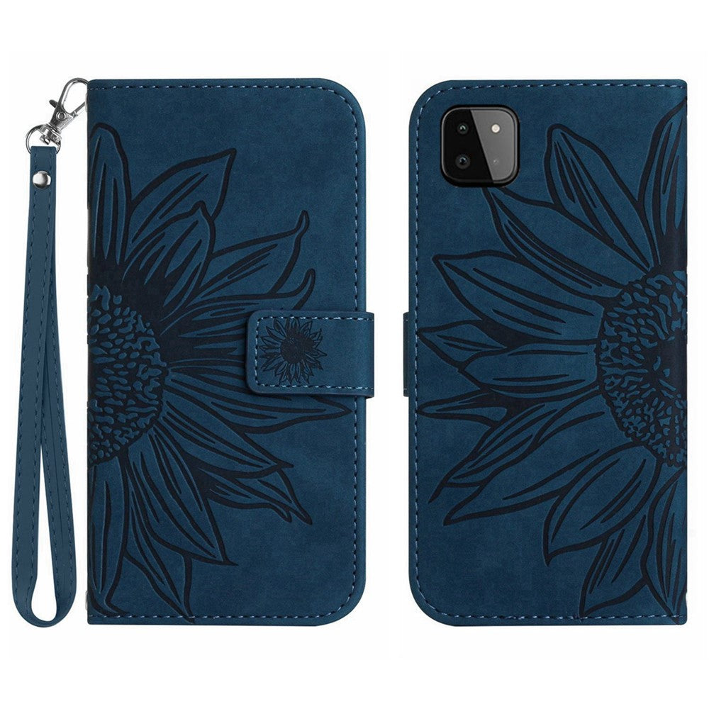 Galaxy A22 5G Wallet-Hülle – Sonnenblume aufgedruckt, mit Ständer & Riemen