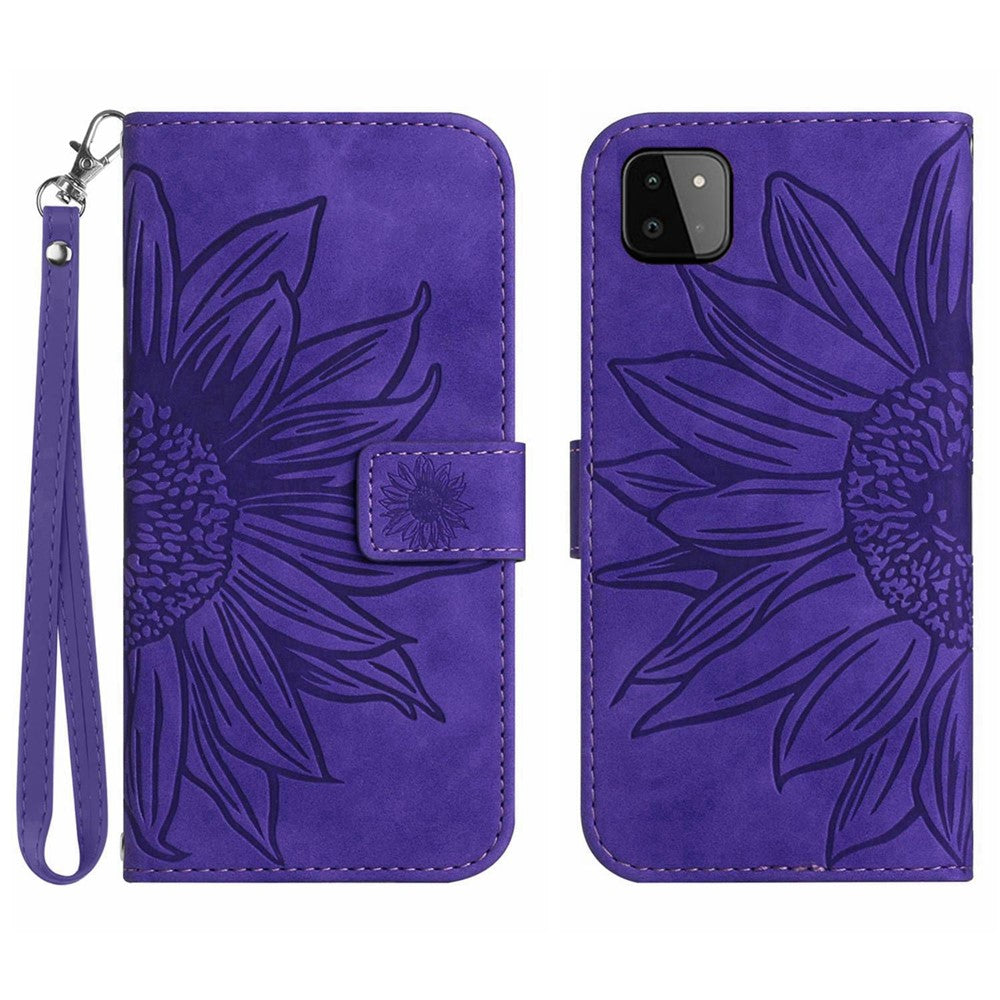 Galaxy A22 5G Wallet-Hülle – Sonnenblume aufgedruckt, mit Ständer & Riemen