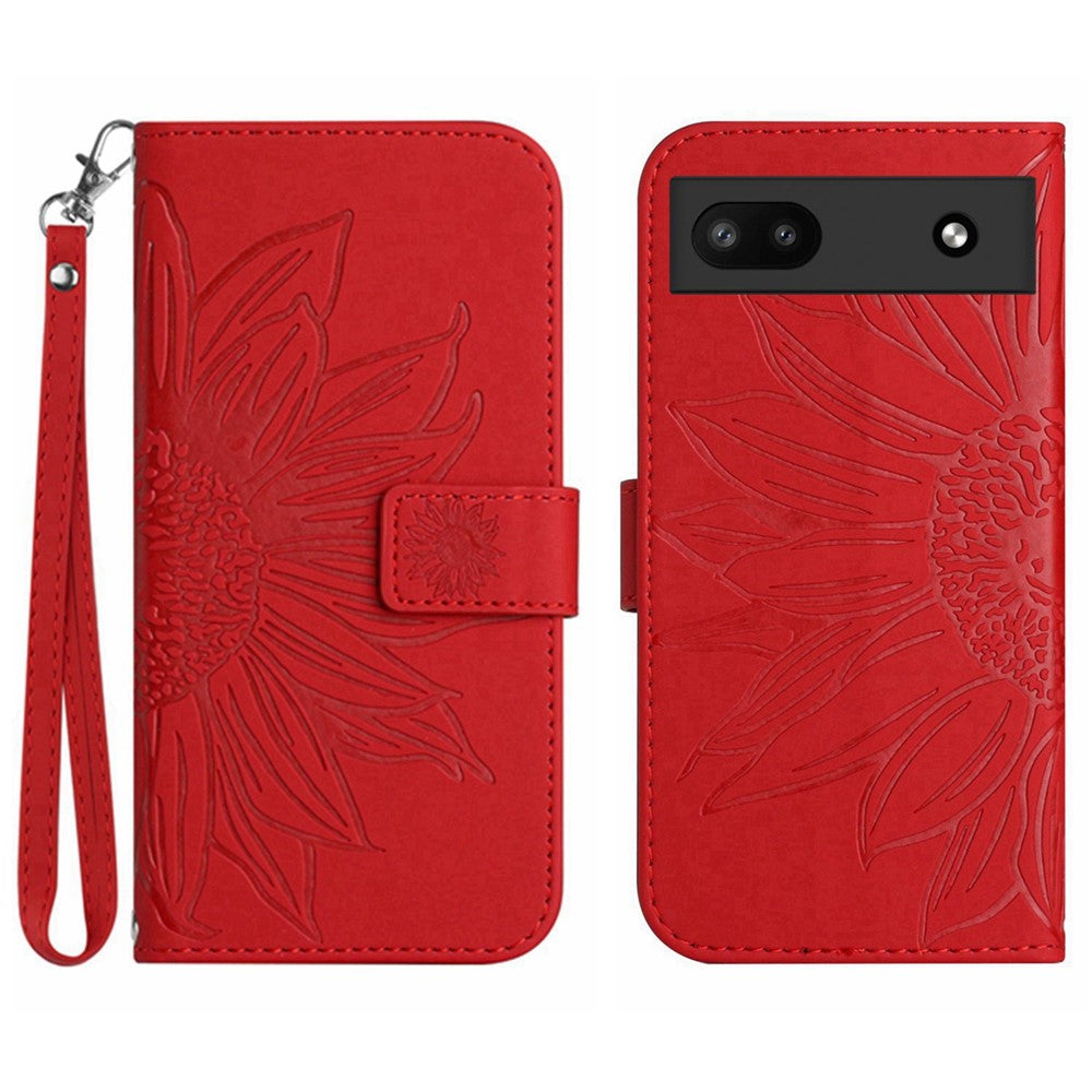 Pixel 6a Wallet-Hülle – Sonnenblume aufgedruckt, mit Ständer & Riemen