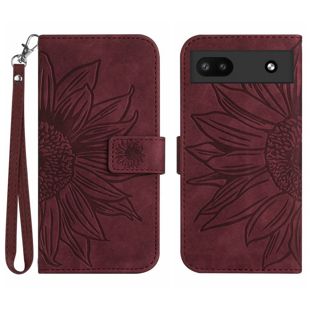 Pixel 6a Wallet-Hülle – Sonnenblume aufgedruckt, mit Ständer & Riemen