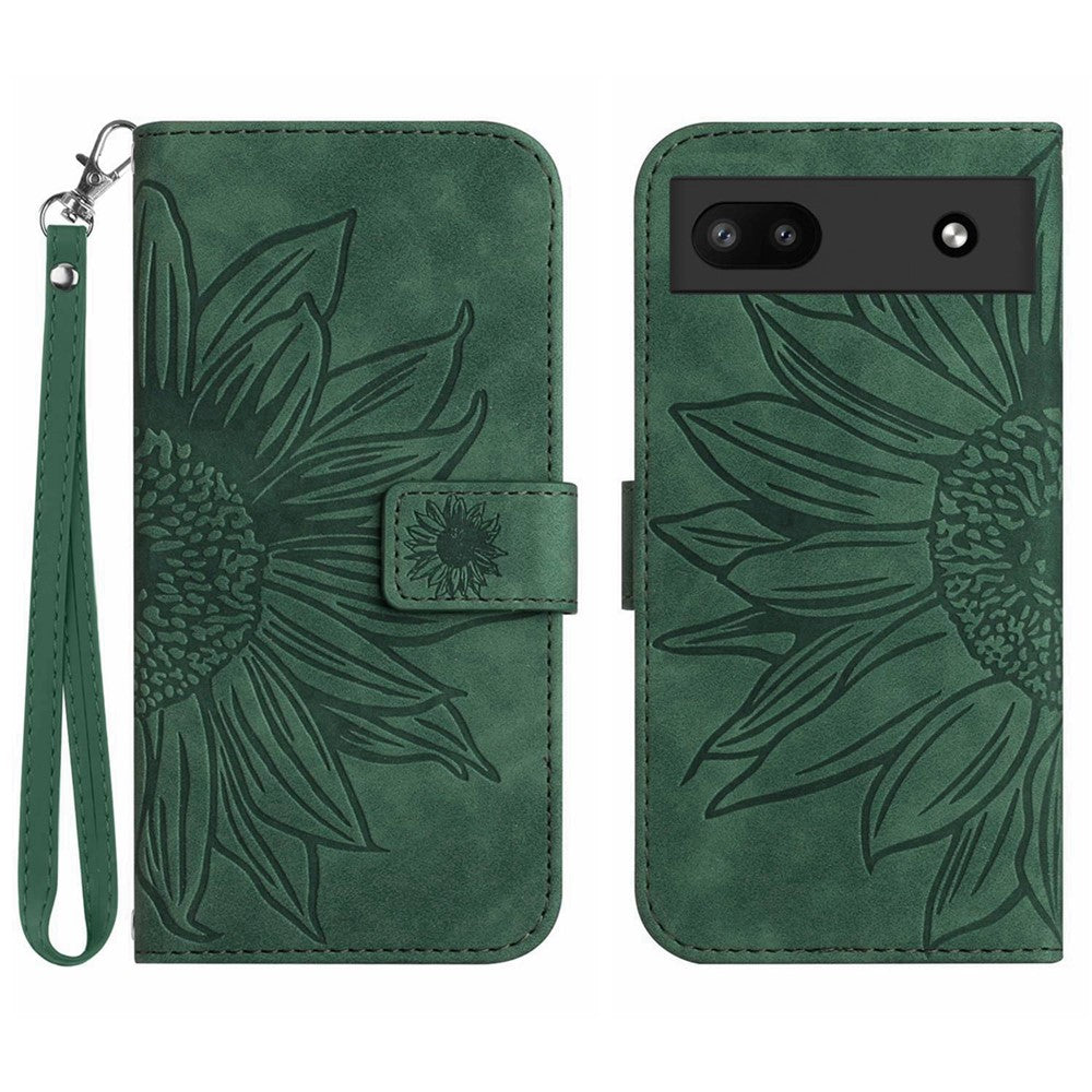Pixel 6a Wallet-Hülle – Sonnenblume aufgedruckt, mit Ständer & Riemen