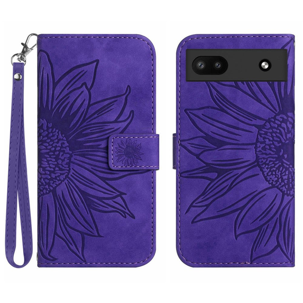 Pixel 6a Wallet-Hülle – Sonnenblume aufgedruckt, mit Ständer & Riemen