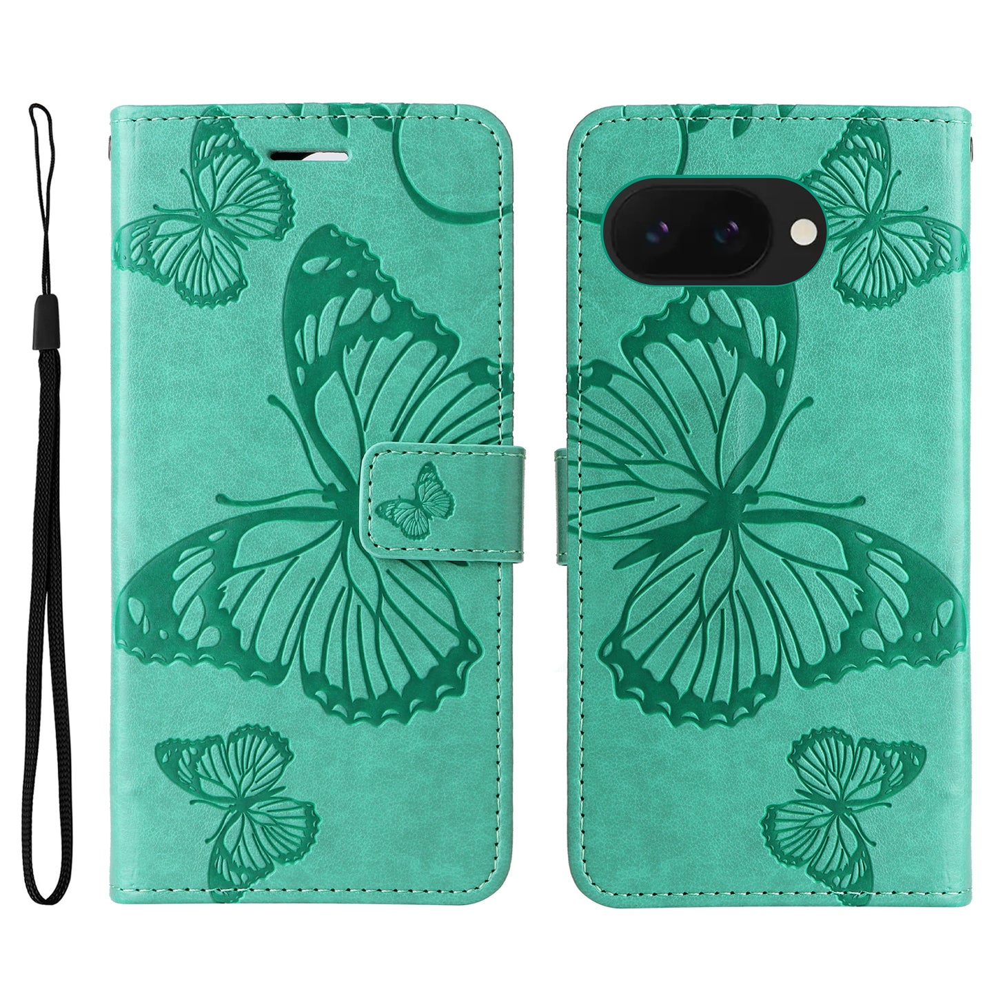 Pixel 9a Wallet-Hülle – Schmetterling Aufgedruckt & Mit Ständer und Riemen