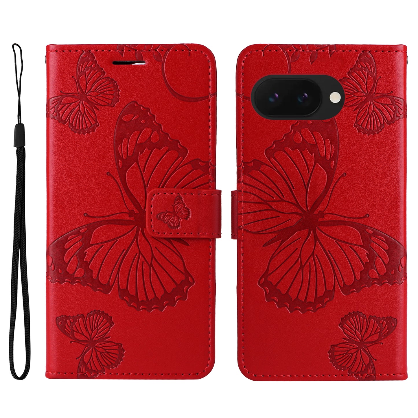 Pixel 9a Wallet-Hülle – Schmetterling Aufgedruckt & Mit Ständer und Riemen