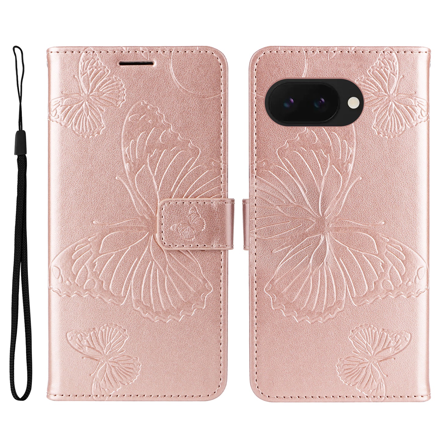 Pixel 9a Wallet-Hülle – Schmetterling Aufgedruckt & Mit Ständer und Riemen