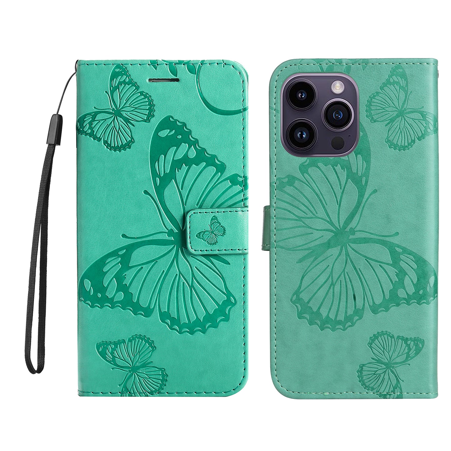 iPhone 15 Pro Max Wallet-Hülle – Schmetterling Aufgedruckt & Mit Ständer und Riemen