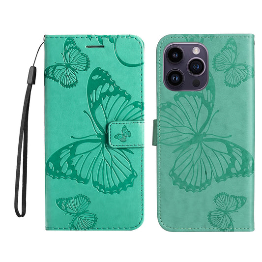 iPhone 15 Pro Max Wallet-Hülle – Schmetterling Aufgedruckt & Mit Ständer und Riemen