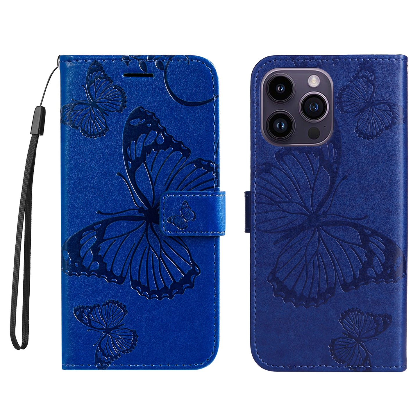 iPhone 15 Pro Max Wallet-Hülle – Schmetterling Aufgedruckt & Mit Ständer und Riemen