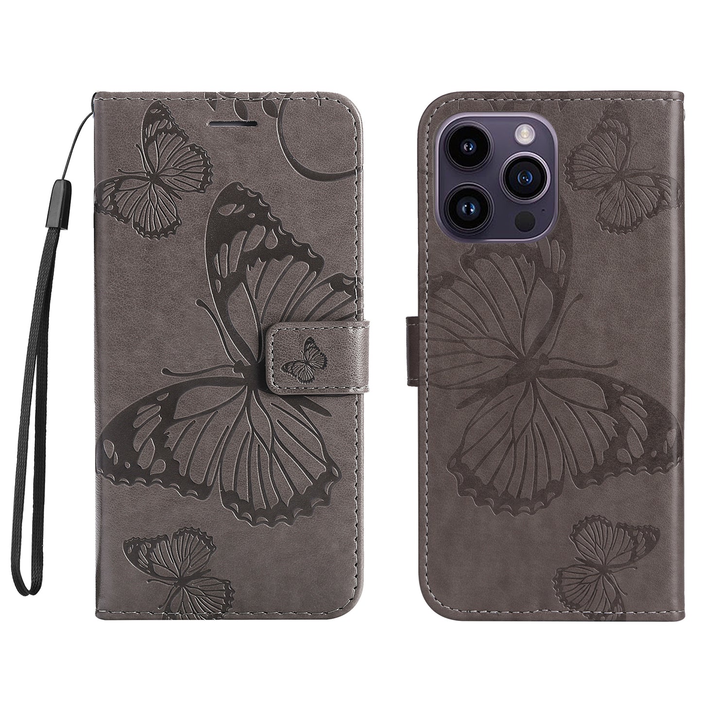 iPhone 15 Pro Max Wallet-Hülle – Schmetterling Aufgedruckt & Mit Ständer und Riemen