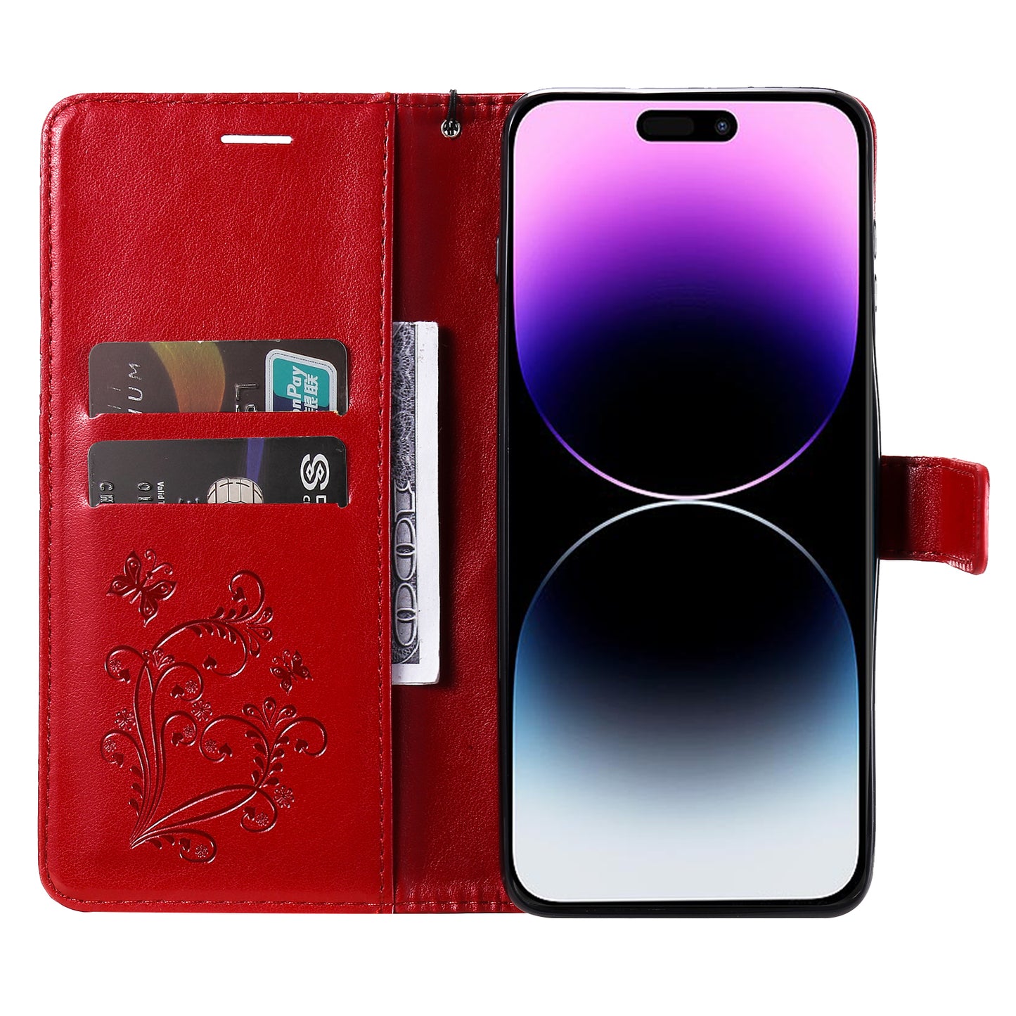 iPhone 15 Pro Max Wallet-Hülle – Schmetterling Aufgedruckt & Mit Ständer und Riemen