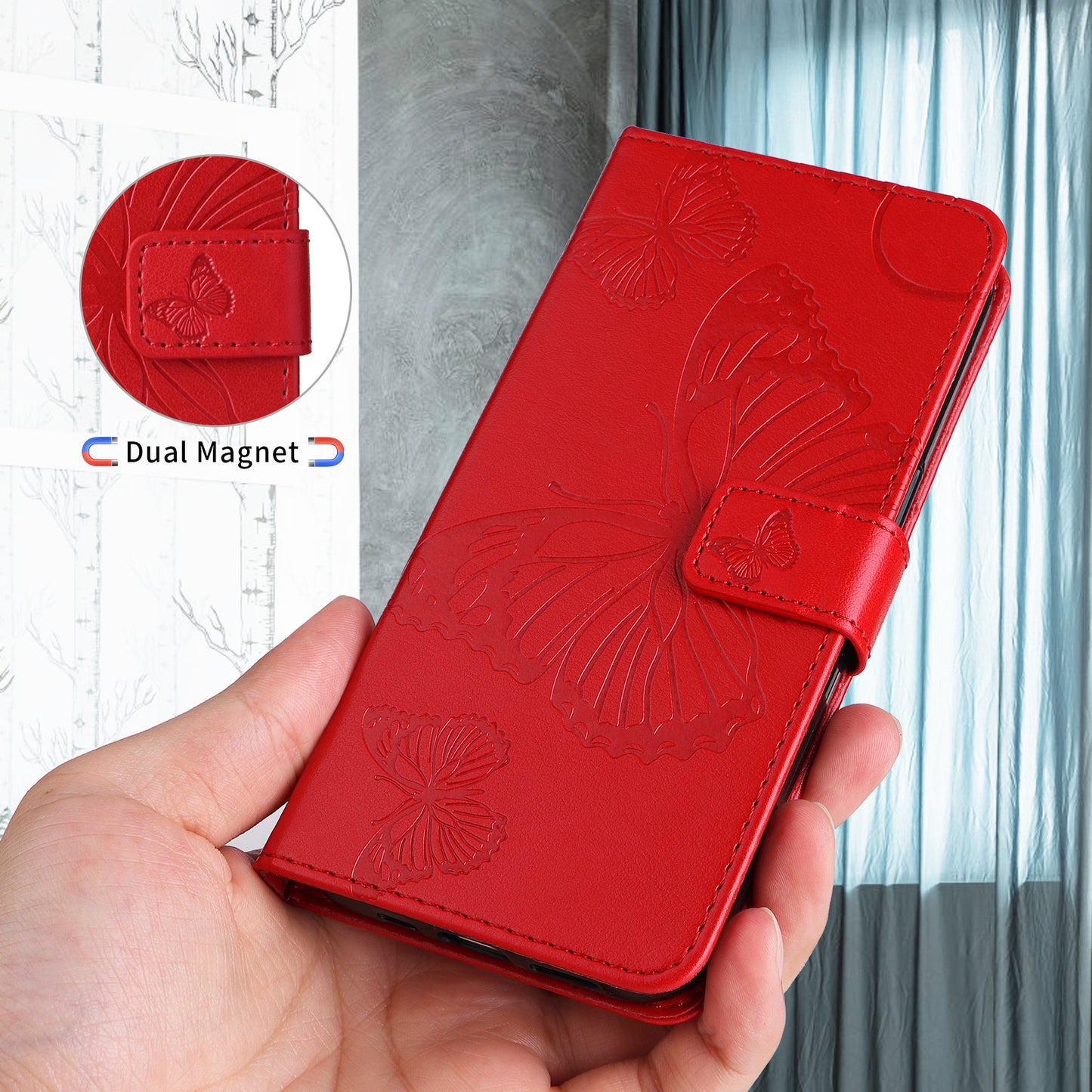 iPhone 15 Pro Max Wallet-Hülle – Schmetterling Aufgedruckt & Mit Ständer und Riemen