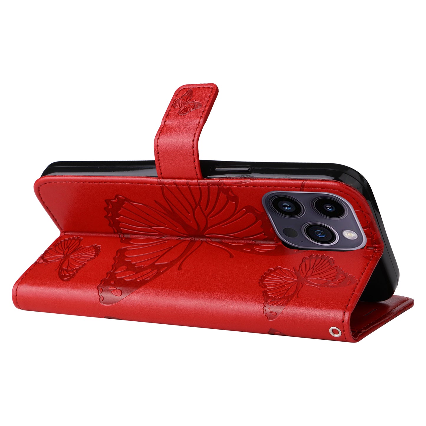 iPhone 15 Pro Max Wallet-Hülle – Schmetterling Aufgedruckt & Mit Ständer und Riemen