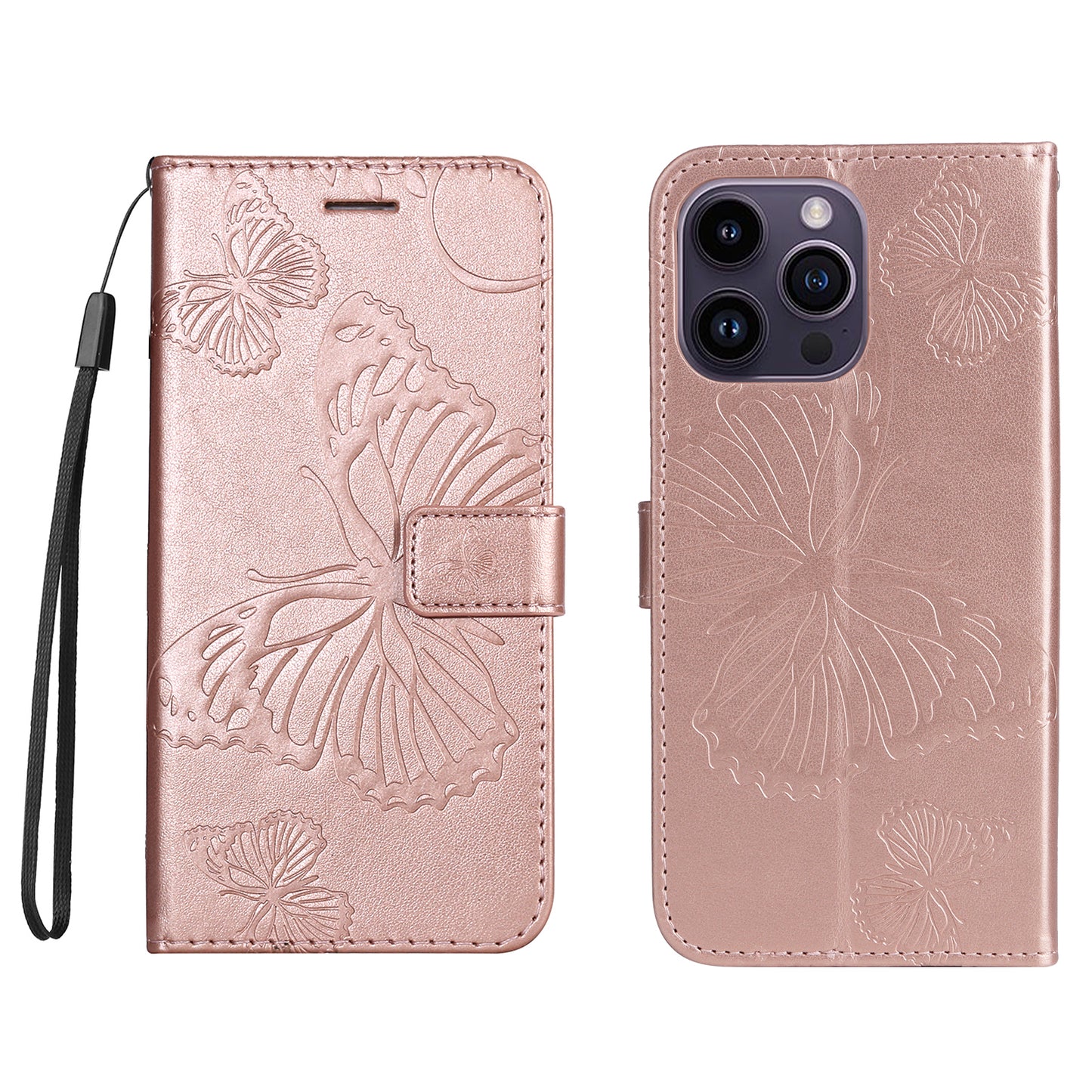 iPhone 15 Pro Max Wallet-Hülle – Schmetterling Aufgedruckt & Mit Ständer und Riemen