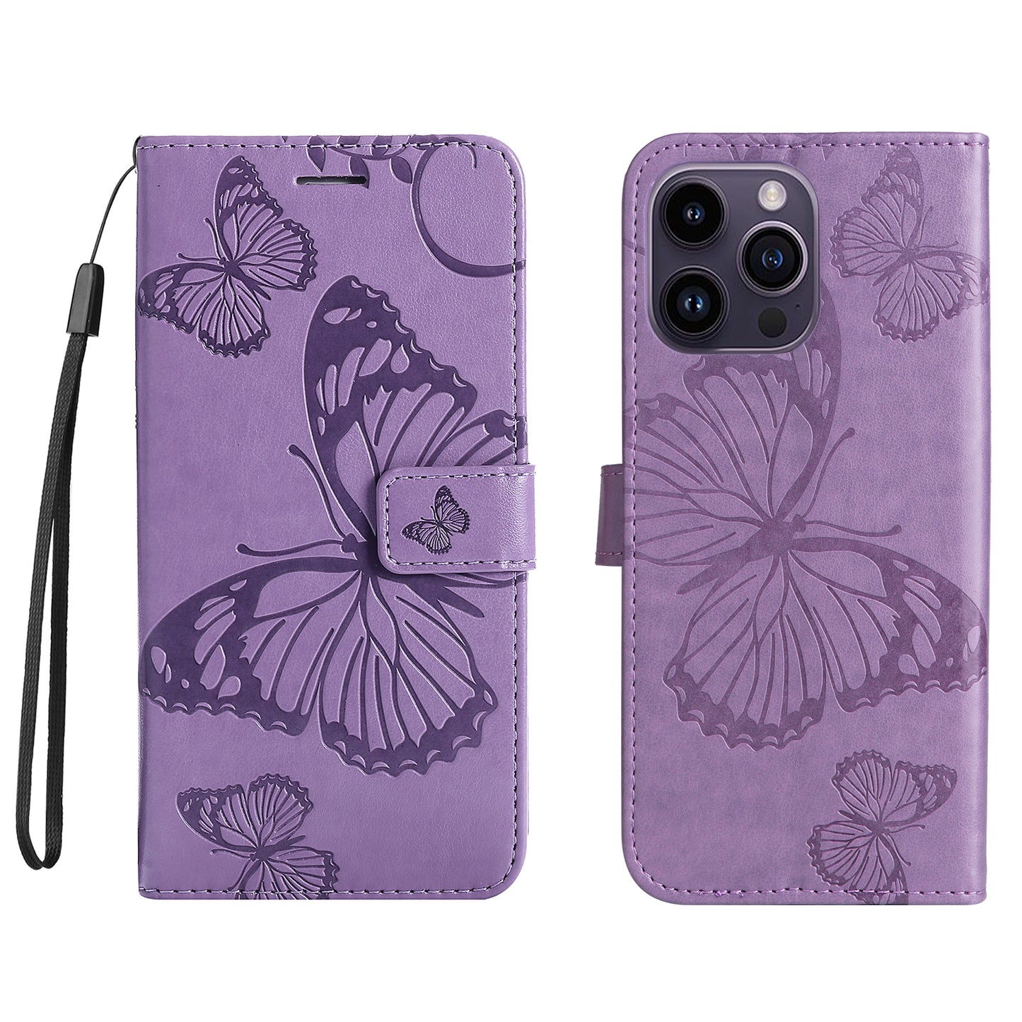iPhone 15 Pro Max Wallet-Hülle – Schmetterling Aufgedruckt & Mit Ständer und Riemen