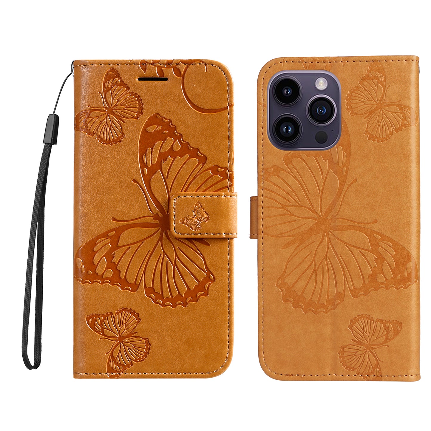 iPhone 15 Pro Max Wallet-Hülle – Schmetterling Aufgedruckt & Mit Ständer und Riemen