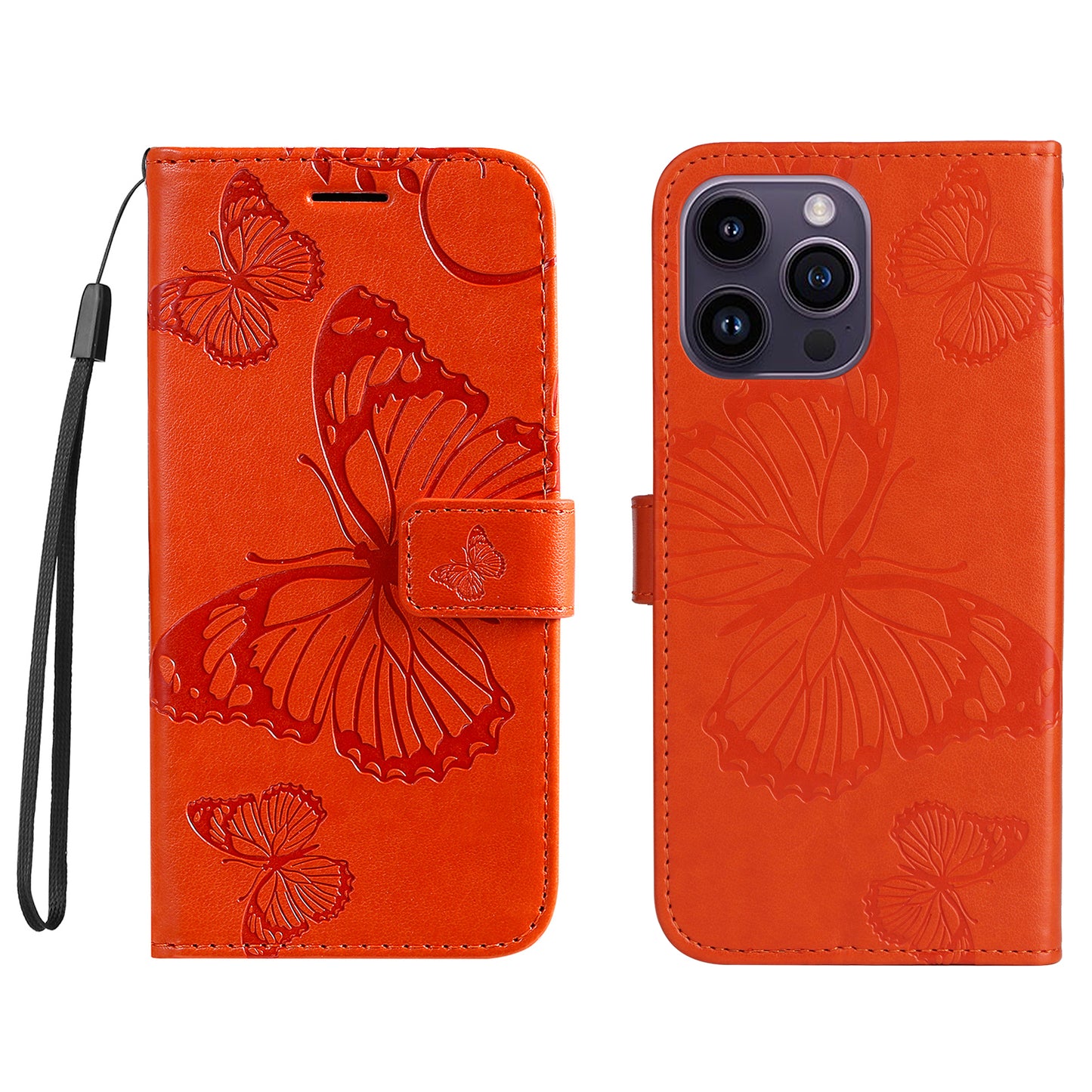 iPhone 15 Pro Max Wallet-Hülle – Schmetterling Aufgedruckt & Mit Ständer und Riemen