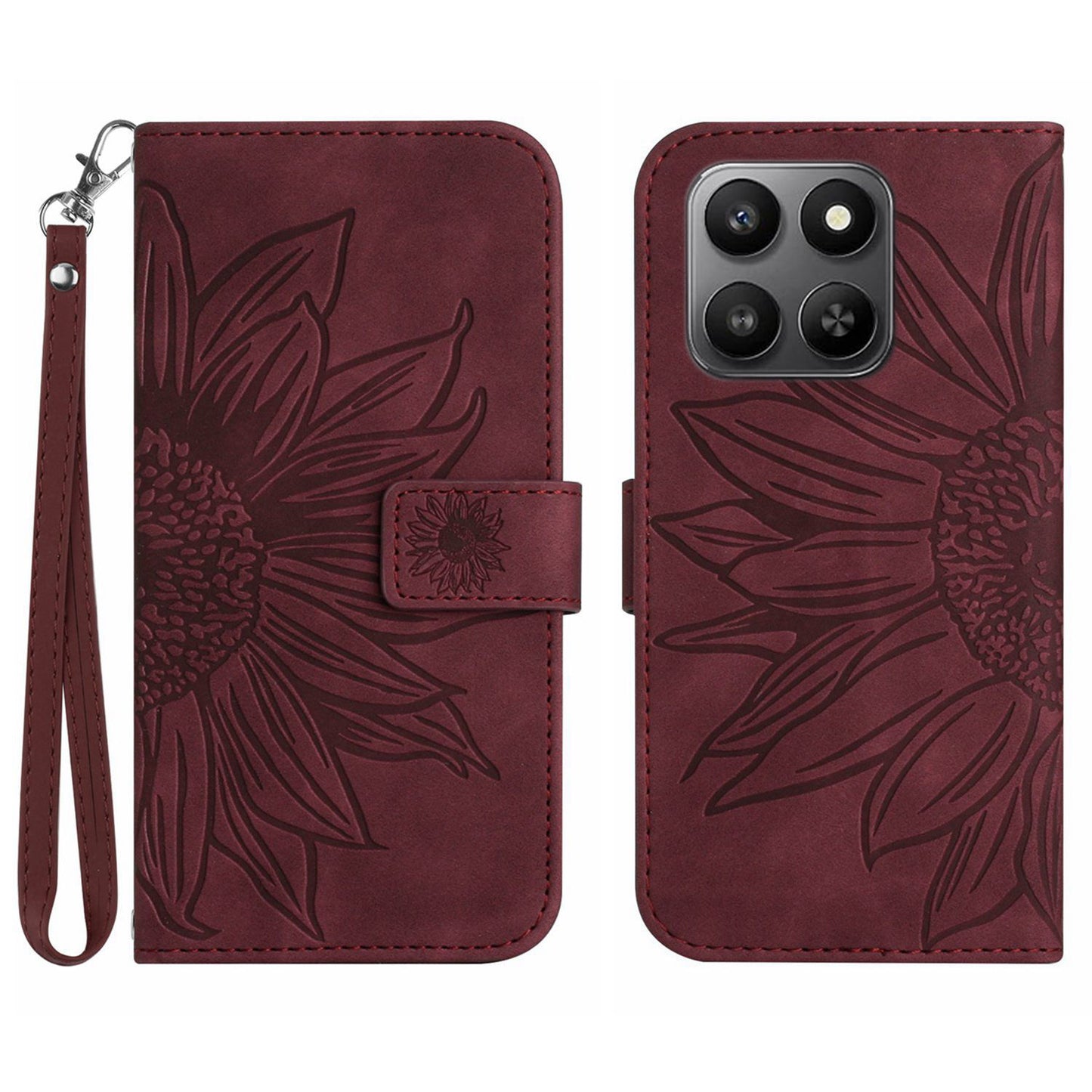 For Honor 400 Smart 5G / 4G / X7d 4G Case Sunflower Imprint Leather Wallet Phone Cover with Wrist Strap