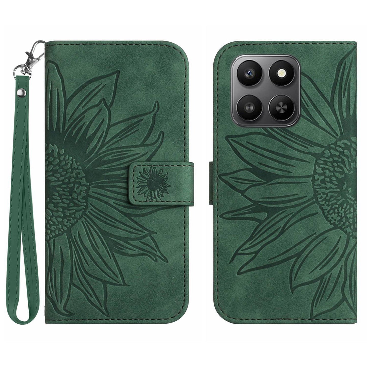 For Honor 400 Smart 5G / 4G / X7d 4G Case Sunflower Imprint Leather Wallet Phone Cover with Wrist Strap