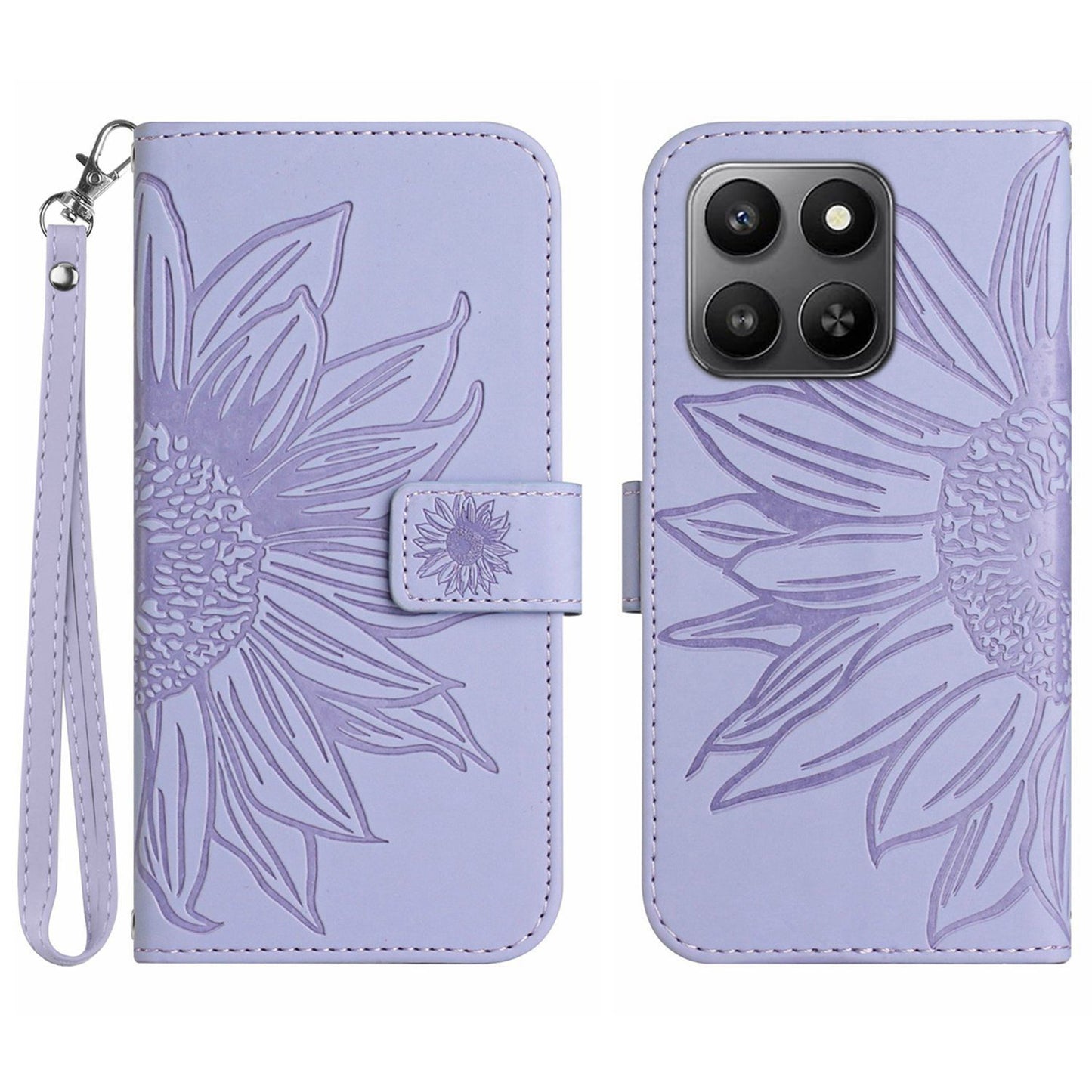 For Honor 400 Smart 5G / 4G / X7d 4G Case Sunflower Imprint Leather Wallet Phone Cover with Wrist Strap