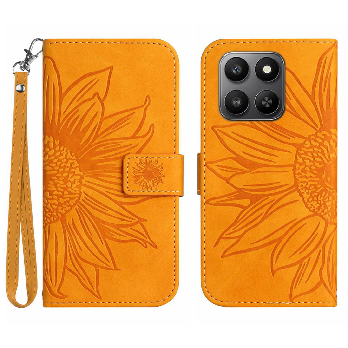 For Honor 400 Smart 5G / 4G / X7d 4G Case Sunflower Imprint Leather Wallet Phone Cover with Wrist Strap